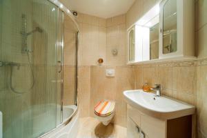 un bagno con doccia, lavandino e WC di Żółty Apartament Sun Seasons 24 w Karpaczu z Balkonem by Noclegi Renters a Karpacz