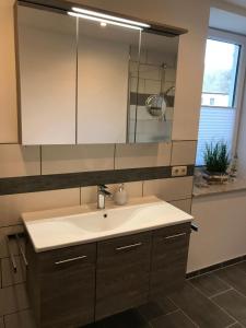 a bathroom with a sink and a mirror at Haus-Hafenblick in Lassan