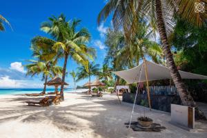 a beach with chairs and umbrellas and palm trees at Zuri Zanzibar in Kendwa