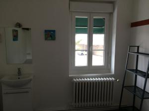 een badkamer met een wastafel, een raam en een radiator bij Relais Maximilien in Sully-sur-Loire