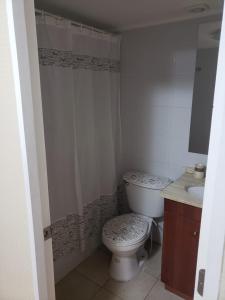 y baño con aseo y lavamanos. en Cuatro Norte 955 Apartamento Full equipado, en Talca