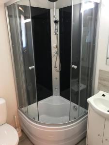 a shower with a glass door in a bathroom at Domek Parterowy in Gąski