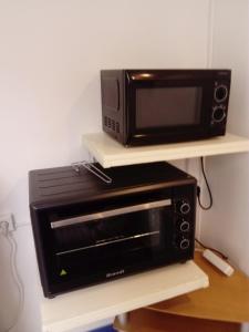 a microwave and a toaster oven sitting on a shelf at Studio des Grenadiers in Balaruc-les-Bains