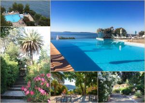 a collage of photos with a pool and the ocean at Domaine de la pinède Le Lavandou Pramousquier in Le Lavandou