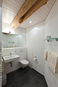 a white bathroom with a toilet and a sink at Hotel Posta in Sedrun
