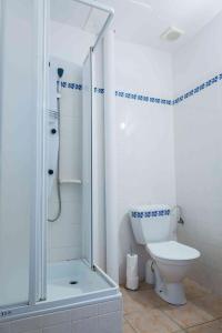 a white bathroom with a shower and a toilet at Penzion U Michala in Prášily +26 photos