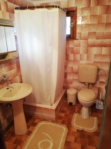ein Bad mit einem WC, einem Waschbecken und einer Dusche in der Unterkunft апартамент Росен in Nessebar
