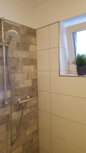 uma casa de banho com um chuveiro e uma janela em Emsgold em Oberlangen