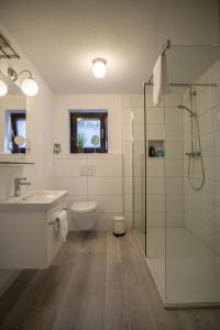 e bagno con lavandino, servizi igienici e doccia. di Ferienwohnung Charlotte a Weisenheim am Sand