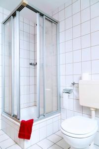 a white bathroom with a shower and a toilet at Landgasthof "Zur Linde" in Dreba