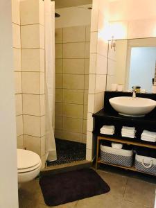 La salle de bains est pourvue de toilettes et d'un lavabo. dans l'établissement Appartement Au Bord de Mer, à Le Moule