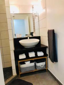 a bathroom with a sink and a mirror at Appartement Au Bord de Mer in Le Moule