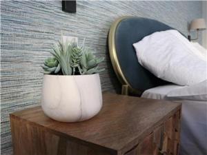 a white vase on a wooden table next to a bed at Chapel Lodge - Roof top garden!Perfect for your family in Bath +2 photos