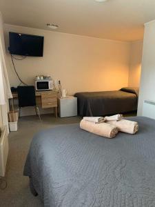 懷烏魯的住宿－Waiouru Welcome Inn，一间卧室配有两张床和一张带微波炉的书桌。
