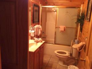 a bathroom with a toilet and a sink and a shower at Spacious Party Hut Near Attractions in McCookville