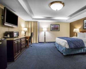 a hotel room with a bed and a desk with a television at Quality Inn Schaumburg - Chicago near the Mall in Schaumburg +18 photos