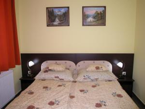 シャールヴァールにあるLábas-Ház Apartmanの壁に2枚の写真が飾られたベッドルームのベッド1台