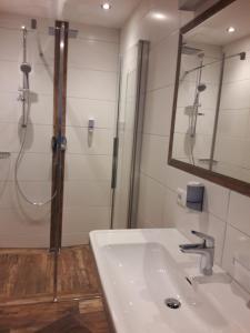 a bathroom with a shower and a sink and a mirror at Gästeheim Sigrid in Nauders