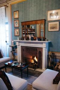 a living room with a fireplace and a mirror at Villa Moris bed and breakfast in Tavarnelle in Val di Pesa