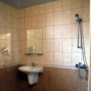 a bathroom with a sink and a shower at Armira Family Hotel in Ivaylovgrad