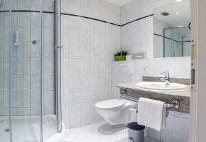 een badkamer met een douche, een toilet en een wastafel bij Hotel Weißes Roß in Elsterwerda
