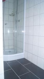a bathroom with a shower and a tiled floor at Zum Landhaus Dannenbüttel in Sassenburg