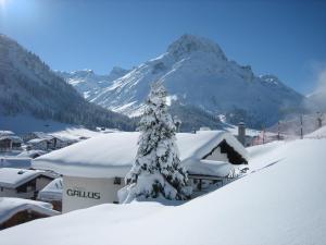 a snow covered christmas tree in front of a mountain at Pension Gallus in Lech am Arlberg