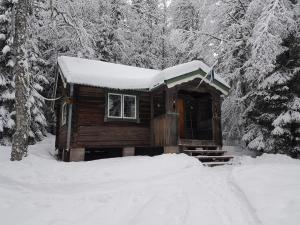 a cabin with snow on top of it in the woods at Liten timmerstuga i Sälen in Sälen