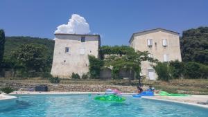 a group of people in a pool in front of a castle at chambre d'hôtes in Rousson