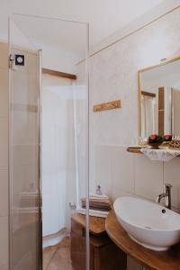 een badkamer met een wastafel en een glazen douche bij Boutique hotel Pri lipi Muta in Muta