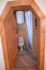 a small bathroom with a toilet in a wooden door at Приватна садиба ''Світлиця гуцульщини" in Vorokhta +36 photos