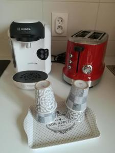 a kitchen counter with a coffee maker and a toaster at Le Gîte de la Maison Soleil, entre lac et montagne in Alex