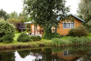 a log cabin next to a lake with a tree at Lepametsa Holiday Houses in Nasva