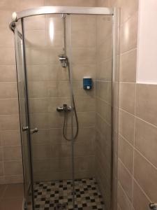 a shower with a glass door in a bathroom at Stundenhotel Krieger in Büren