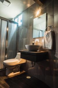 a bathroom with a sink and a toilet and a mirror at HOTEL CAREYES in Coatzacoalcos