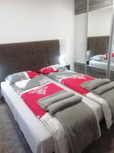 two beds in a room with a mirror at Apartman Centar 2 in Užice