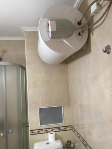 een badkamer met douche, toilet en spiegel bij Manastira 2 apt Emo Pamporovo in Pamporovo +45 foto's