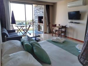 Zen Boutique Apart Hotel في لا بالوما: غرفة نوم بسرير كبير وغرفة معيشة