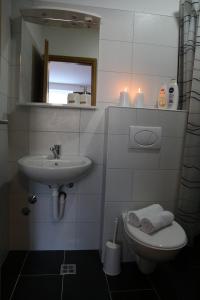a bathroom with a sink and a toilet and a mirror at Pansion Neretva in Konjic