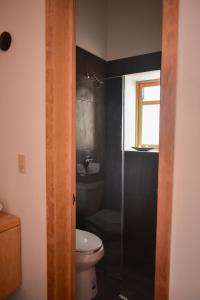 een badkamer met een toilet en een glazen douchedeur bij HOTEL CASA SANTO TOMAS in Oaxaca City