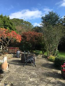 a bench and a vase sitting in a garden at Great House Guest House in Llantwit Major