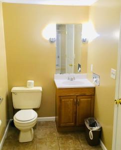 a bathroom with a toilet and a sink at Granada Inn Motel - Kalkaska in Kalkaska