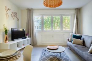 a living room with a couch and a tv at Le Belpierre in Colmar
