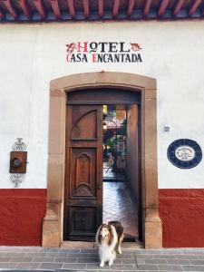 a dog standing in front of a building with a door at Hotel Casa Encantada in Pátzcuaro