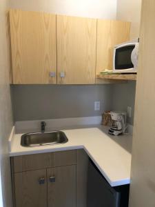 um balcão de cozinha com um lavatório e um micro-ondas em Stone Canyon Inn em Tropic