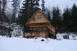 KamesznicaにあるVilla Różaの雪の中の木々の丸太小屋