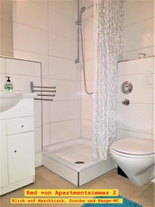 uma casa de banho branca com um chuveiro e um WC. em Doppel-Appartement Salzbrunner Str. 11, Langwasser Mitte em Nurembergue