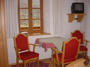 ザンクト・ミヒャエル・イム・ルンガウにあるKasparbauerのテーブルと椅子2脚、窓が備わる客室です。
