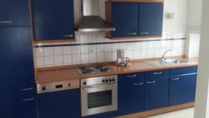 cocina con armarios azules y fogones en Maison d'Alsace, en Breitenbach-Haut-Rhin