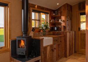 a wood stove in a kitchen with a sink at Ashwood Shepherd Hut -Ockeridge Rural Retreats in Worcester